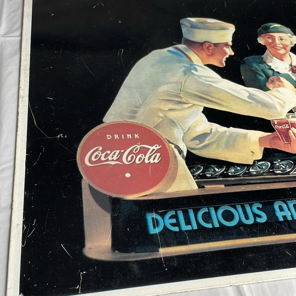 Coca Cola "Delicious And Refreshing" Tin Sign metal drug store soda fountain - Picture 4 of 10